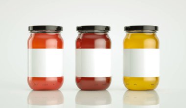 Ketçap, çilek sosu, elma sosu, yüksek çözünürlüklü resim.