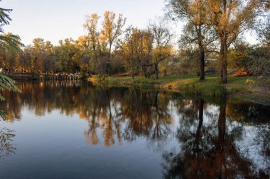 Ekim 'de ağaçlar ve göl ile sonbahar manzarası