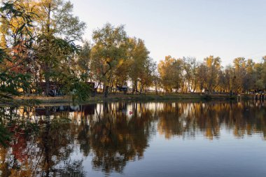 Ağaçları, yaprakları ve gölü olan güzel sonbahar manzarası