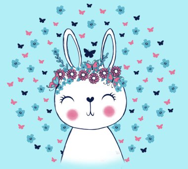 çiçekler vektör çizim tasarım ile sevimli tavşan