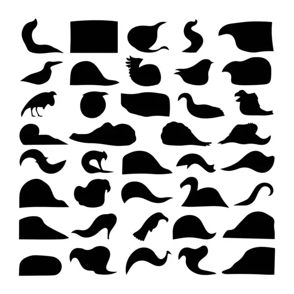 Bu resim, beyaz bir arkaplan üzerinde soyut şekiller, biçimler ve biçimlendirilmiş hayvan figürlerini tasvir eden çeşitli siyah siluetler sergiliyor..