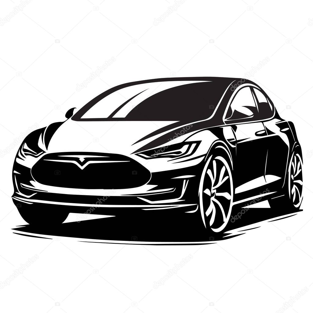 Stylish black and white illustration of an electric car