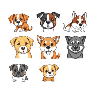 Sevimli karikatür köpek yavruları koleksiyonu çeşitlilik gösterir.