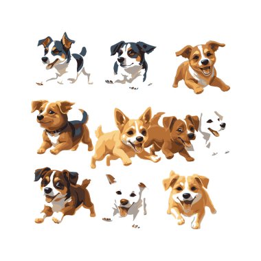 Çeşitli pozlarda dokuz sevimli Jack Russell Terrier köpeği.