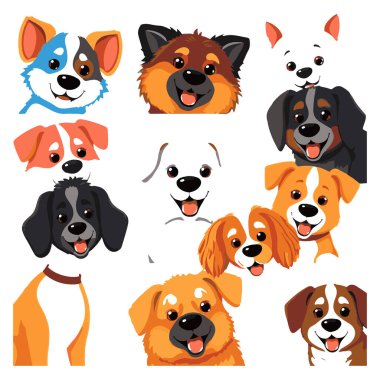 Sevimli çizgi film köpek yüzleri koleksiyonu.