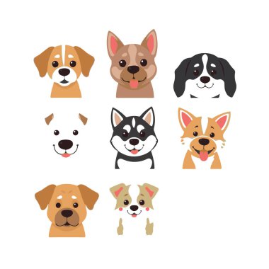 Tasarım için çizgi film köpek yüzleri koleksiyonu.