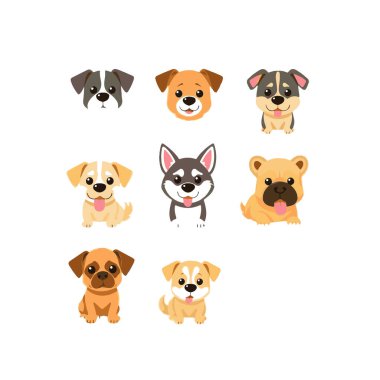 Sevimli çizgi film köpekleri çeşitli cinsleri topluyor.