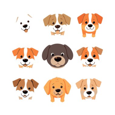 Farklı cins ve renklerde dokuz sevimli çizgi film köpek yüzü.