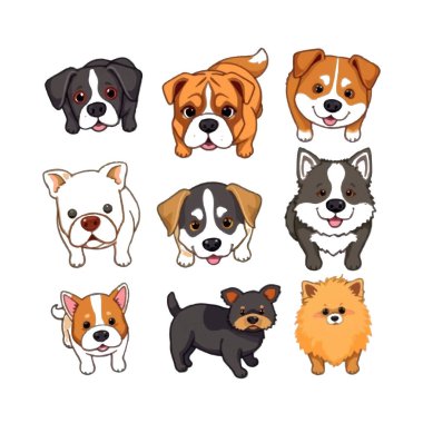 Dokuz karikatür köpek cinsinden sevimli bir koleksiyon.
