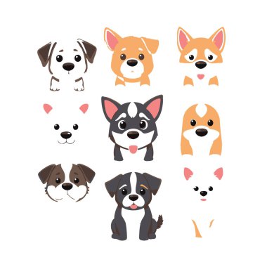 Dokuz karikatür köpek yüzü ve bir tam vücut.