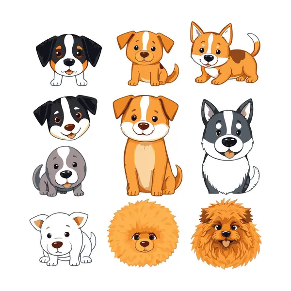 Sevimli karikatür köpek yavruları koleksiyonu çeşitlilik gösterir.