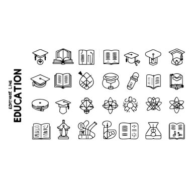 Mezuniyet şapkaları ve kitaplar da dahil olmak üzere eğitim ve bilim ikonları koleksiyonu
