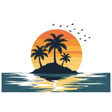 Palmiye ağaçları ve güneş okyanus yüzeyine yansıyan tropik bir ada.