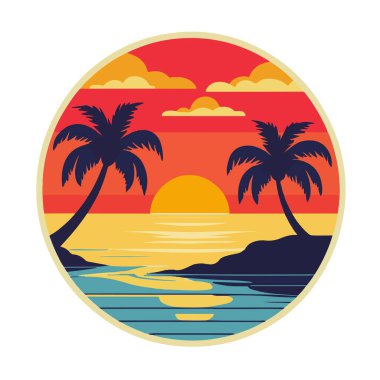 Palmiye ağaçları ve güneş okyanus yüzeyine yansıyan tropik bir ada.