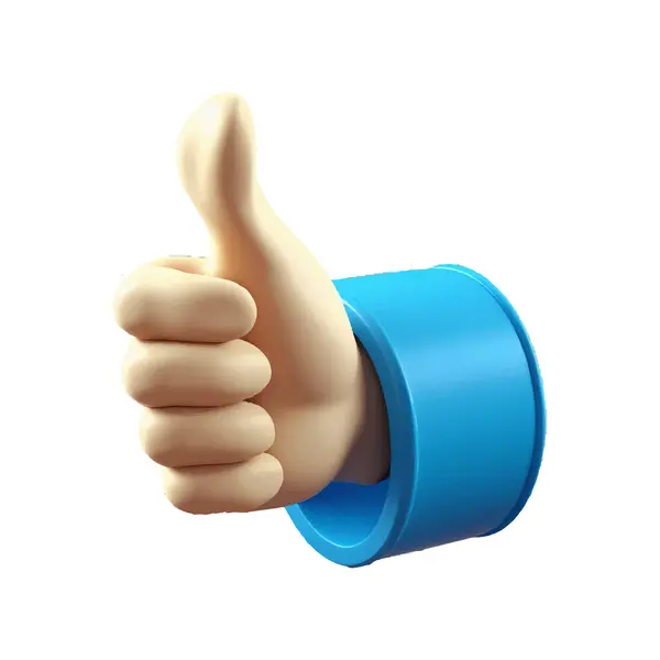 Şekil verilmiş 3D karikatür el, beyaz arka planda parlak mavi bir kol ile baş parmak işareti yapıyor.