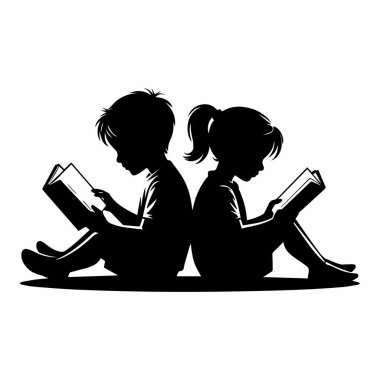 İki çocuk sırt sırta oturuyorlar ve beyaz gölgede kitap okuyorlar..