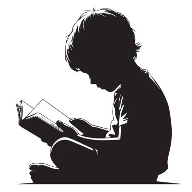 Küçük bir çocuğun silueti beyaz bir arka planda izole edilmiş bir kitap okumaya dalmıştı..