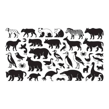 Beyaz arka planda izole edilmiş memeliler ve kuşlar da dahil olmak üzere hayvan siluetleri koleksiyonu..