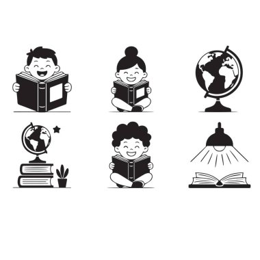 Beyaz arkaplanda dünya ve lamba simgeleriyle kitap okuyan çocukların canlandırması.