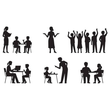 Öğretmenlerin ve öğrencilerin siluetleri beyaz arka planda izole edilmiş çeşitli eğitim ortamlarında tasvir edilir.