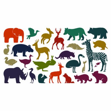 Renkli bir hayvan silueti koleksiyonu beyaz arka planda izole edilmiştir..