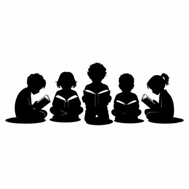 Beyaz arka planda izole bir şekilde oturan ve birlikte kitap okuyan çocukların siluetleri..