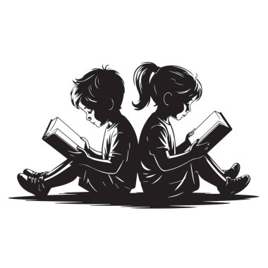 Bir erkek ve bir kız sırt sırta oturup beyaz arka planda izole edilmiş kitaplar okuyorlar..