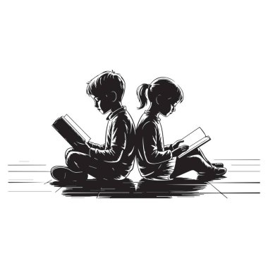 Bir erkek ve bir kız sırt sırta oturmuş beyaz bir arka planda kitap okuyorlar..