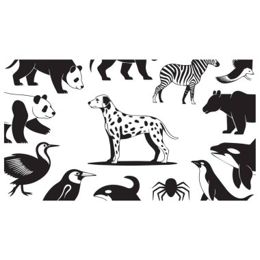 Bir köpek, panda, zebra, ayı ve beyaz üzerine izole edilmiş çeşitli kuşlardan oluşan bir hayvan silueti koleksiyonu..