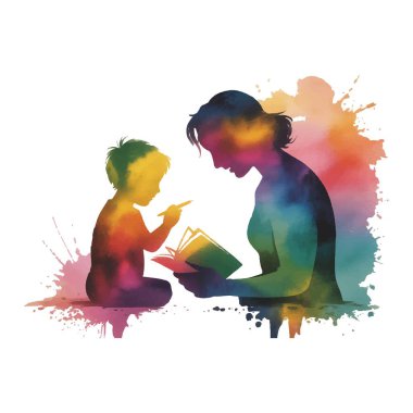 Çocuğuna kitap okuyan bir annenin suluboya silueti..