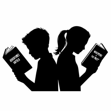 Eğitimi ve hayal gücünü temsil eden, beyaz arka planda kitap okuyan çocukların siluetleri.