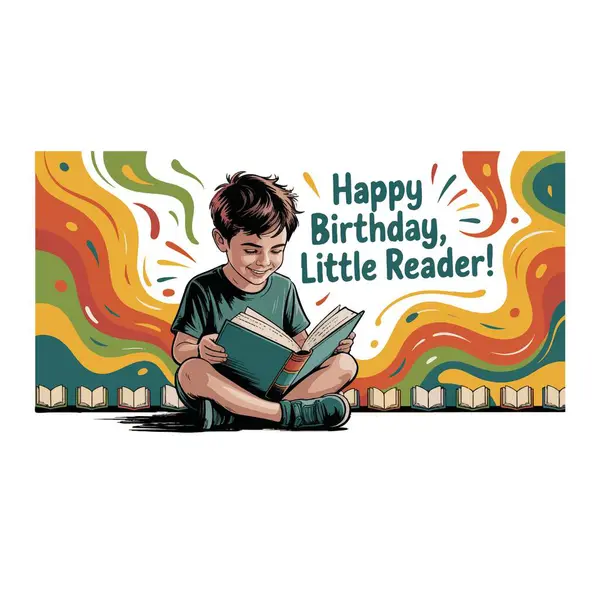 Genç bir çocuk renkli dekorasyonlu beyaz bir arka planda izole edilmiş bir şekilde kitap okuyor..