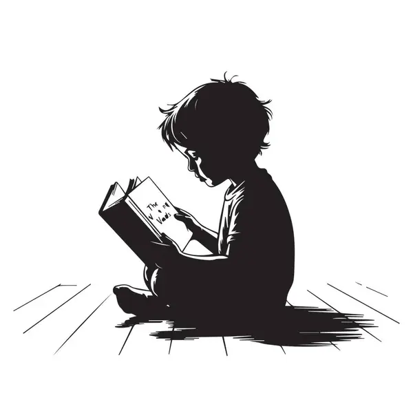 Yerde oturan genç bir çocuğun silueti beyaz arka planda izole bir şekilde kitap okuyor..