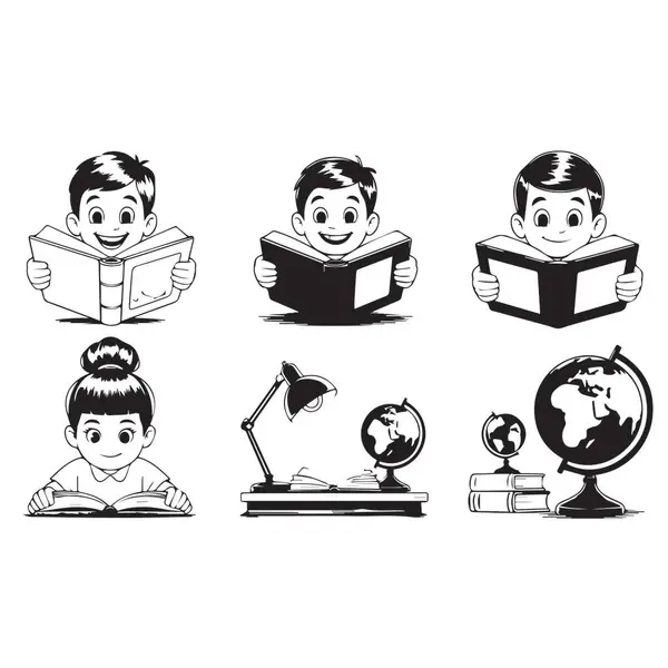 Bir çizgi film çizimi, beyaz arka planda izole edilmiş, eğitim için kitap ve küreler okuyan çocukları gösteriyor..