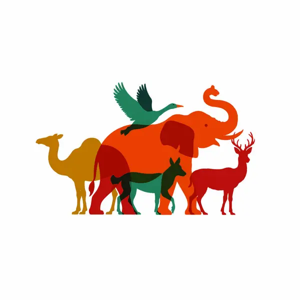 Beyaz bir arka planda, fil, deve, geyik, köpek ve kuş gibi renkli bir grup hayvan izole edilmiş..