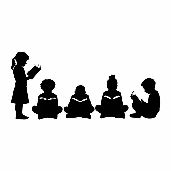 Çocukların siluetleri beyaz arka planda izole haldeyken kitap okuyorlar..