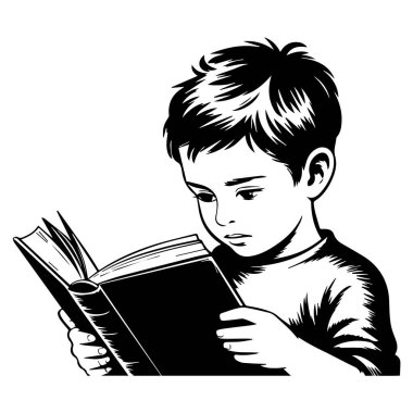 Odaklanmış bir ifadeyle açık bir kitap okumaya dalmış genç bir çocuk.