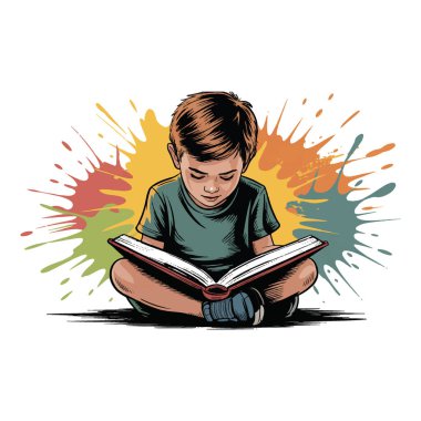 Bacak bacak üstüne atmış bir şekilde oturan genç çocuk renkli sıçramaların ortasında açık bir kitap okumaya dalmış.