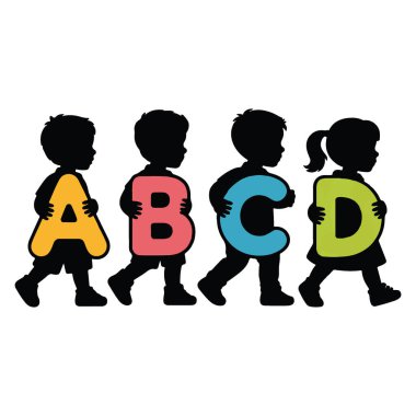 Silüet içinde dört farklı çocuk ellerinde alfabe harfleriyle birlikte yürüyorlar.