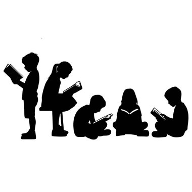 Çeşitli çocuk grupları beyaz arkaplanda çeşitli pozlarda kitap okuyorlar.