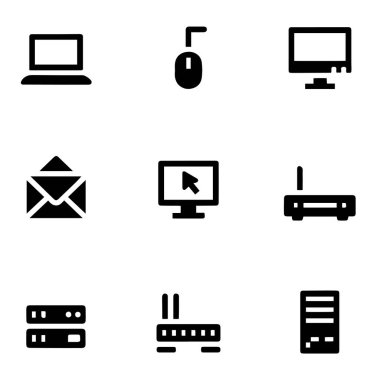 Beyaz arkaplanda dokuz basit siyah bilgisayar ve ağ teknolojisi simgesi koleksiyonu