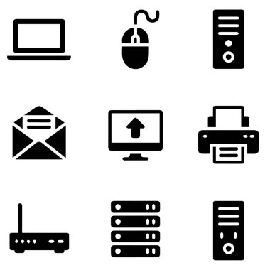 Beyaz arkaplanda dokuz siyah bilgisayar ve teknoloji simgesi koleksiyonu