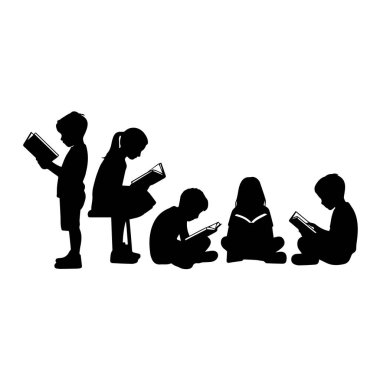 Silüet içinde bir grup çocuk beyaz arka planda birlikte kitap okuyor.