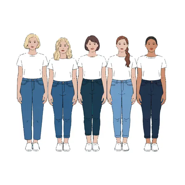 Beyaz tişörtler ve kot pantolonlar içinde bir arada duran bir grup kadın.