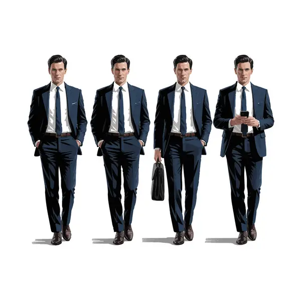 Takım elbiseli dört işadamı, elinde akıllı bir telefonla ileri doğru yürüyorlar.