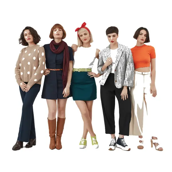 Şık kıyafetler içinde birlikte poz veren beş farklı kadın grubu.