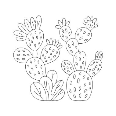 Çiçekli ve yeşil yapraklı dikenli armut kaktüsünün basit ana hatları.