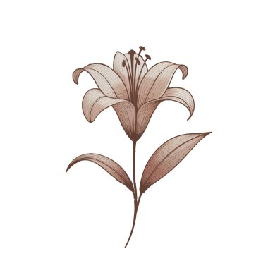 Zarif sepia, narin taç yaprakları ve yapraklarla zambak renginde illüstrasyon.