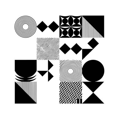 Siyah ve beyaz şekilli ve desenli soyut geometrik bileşim