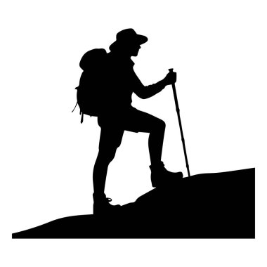 Sırt çantalı bir yürüyüşçü silueti ve tepeye tırmanan bir yürüyüş direği.